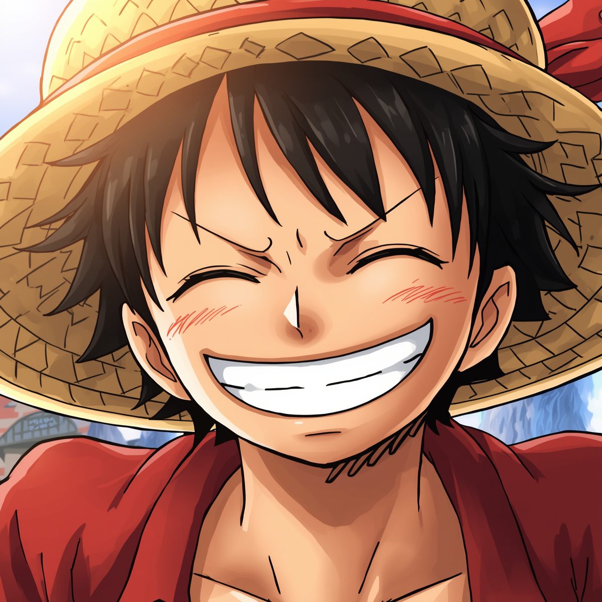 close de Luffy sorrindo com o chapéu de palha sob a luz do sol