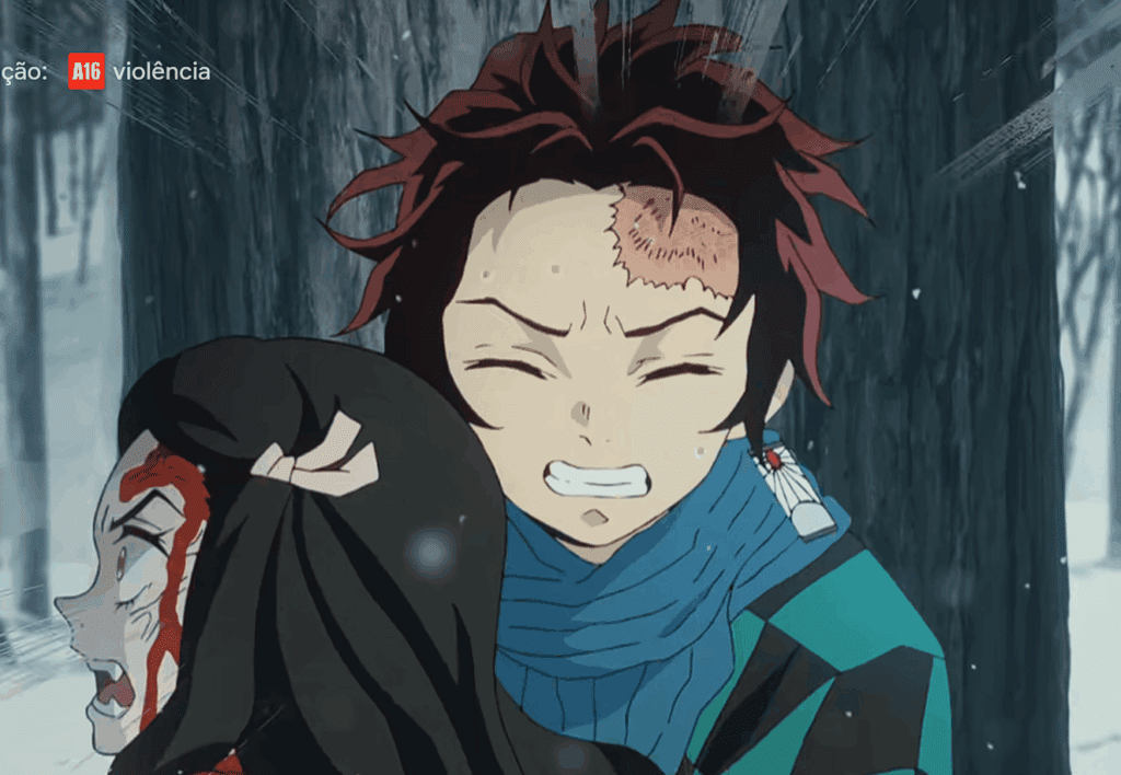 Cena com Tanjiro, Nezuko Efeito de luz e sombra intenso para refletir o drama.